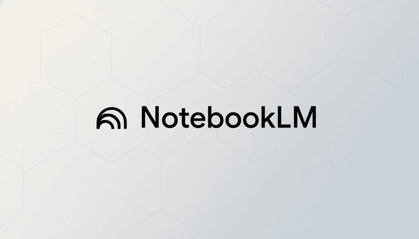 The NotebookLM logo, featuring a stylized black icon resembling stacked arcs next to the text NotebookLM in a sans-serif font, presented on a professional light gray background with a subtle hexagonal pattern.