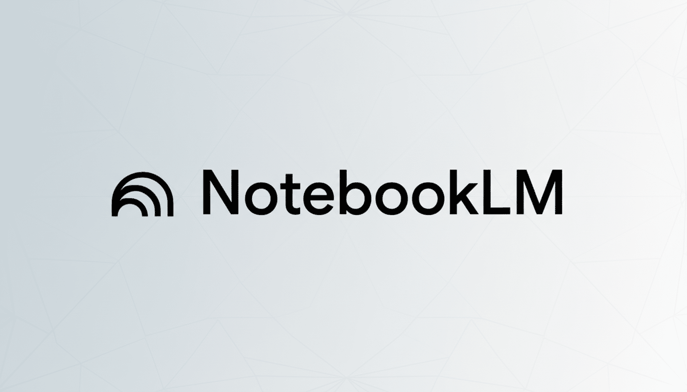 The NotebookLM logo, featuring a stylized black icon resembling a notebook or sound waves, next to the text NotebookLM in black, all set against a professional light gray background with a subtle geometric pattern.