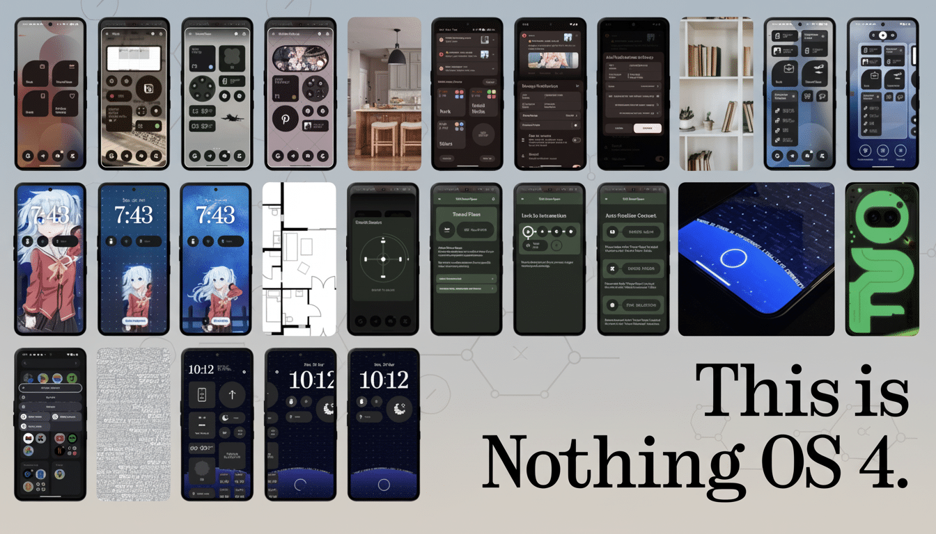 A collage of smartphone screens showcasing various interfaces and features of Nothing OS 4, with a large text overlay that reads This is Nothing OS 4.