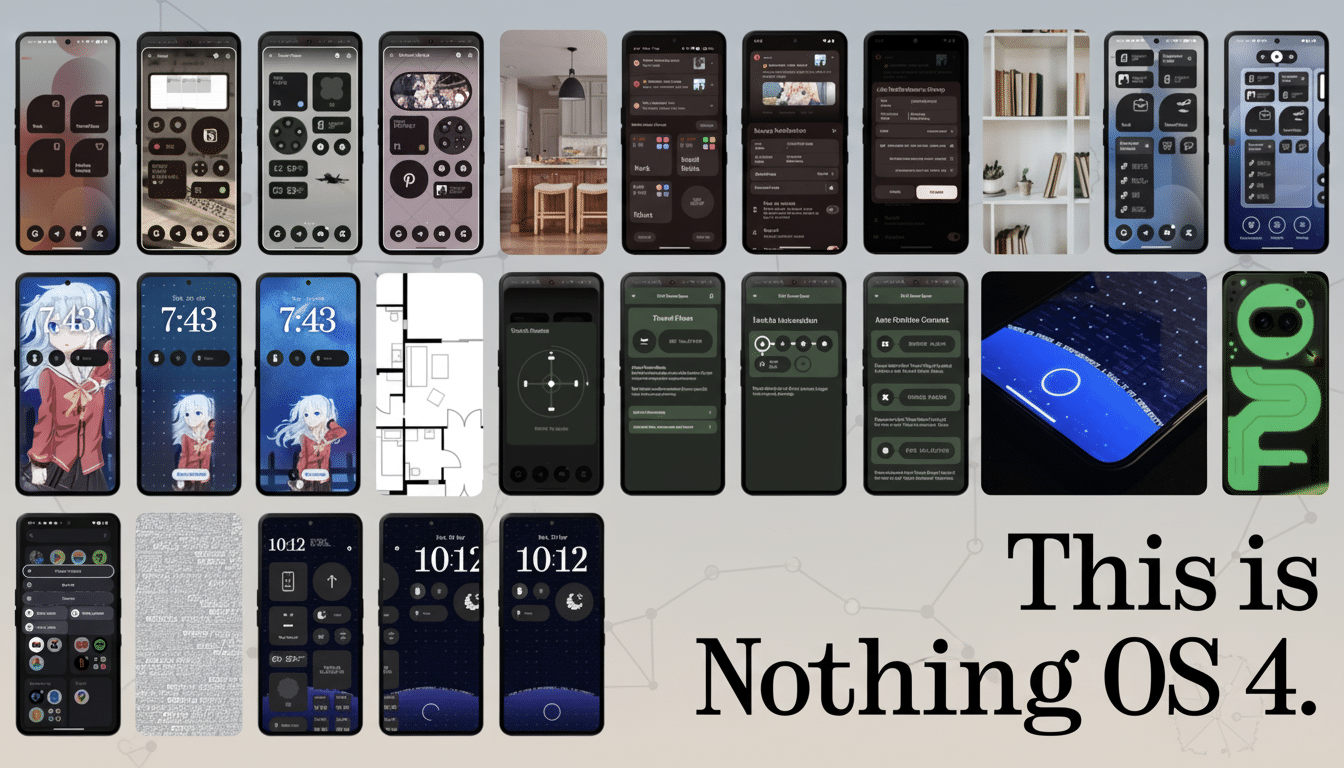 A collage of smartphone screens displaying various interfaces and features, with the text This is Nothing OS 4. prominently displayed on the right.