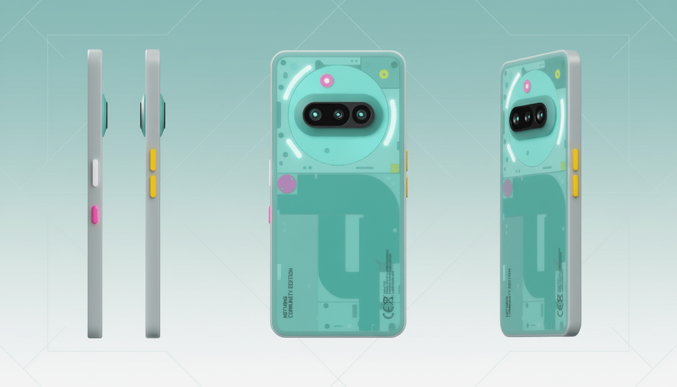 A Nothing Phone (2a) Community Edition smartphone displayed from three angles (front, side, and angled) against a professional flat design background with soft patterns and gradients.