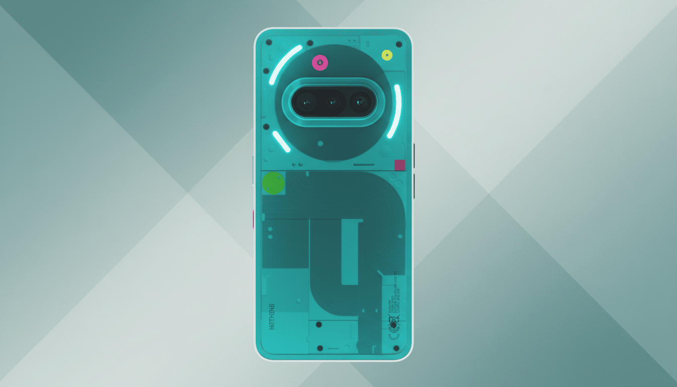 A Nothing Phone (2a) in a teal color with a transparent back, showcasing its internal components and glowing Glyph Interface, set against a professional gradient background.
