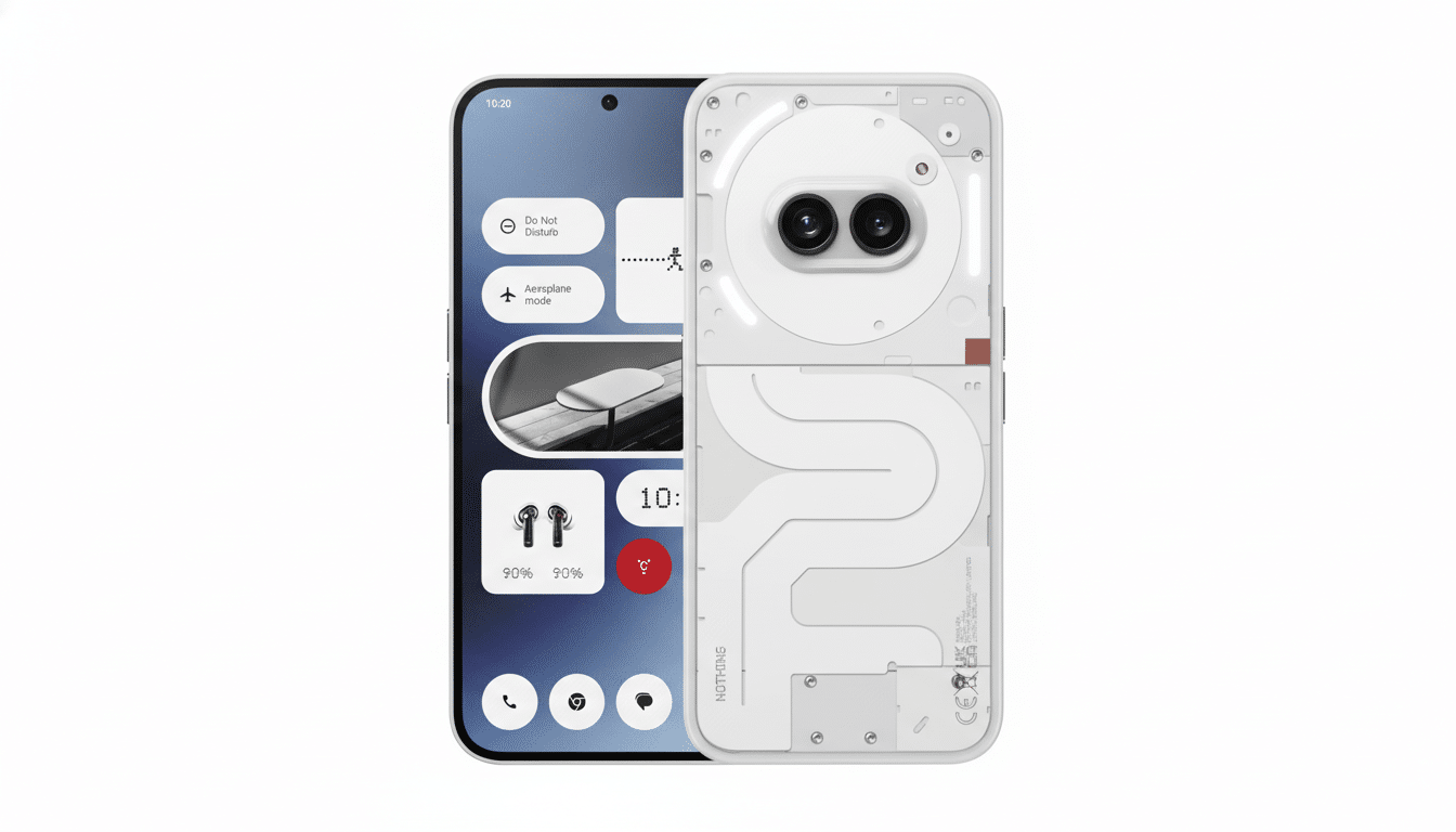 A white Nothing Phone (2) is displayed with its front screen showing a user interface and its back revealing the transparent design with internal components. The phone is set against a clean, professional white background.