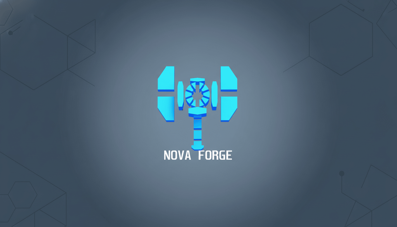 The Nova Forge logo, a stylized blue hammer, centered on a professional gray background with subtle geometric patterns, resized to a 16:9 aspect ratio.