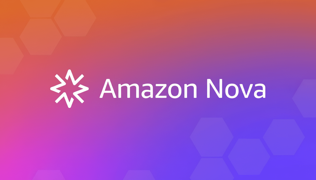 The Amazon Nova logo, featuring a stylized star icon and the text Amazon Nova in white, set against a gradient background of orange, pink, and purple with subtle hexagonal patterns.