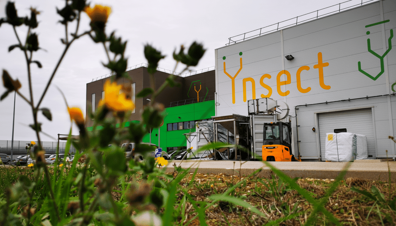 A 16:9 aspect ratio image of the Ynsect building with a forklift outside, enhanced professionally.