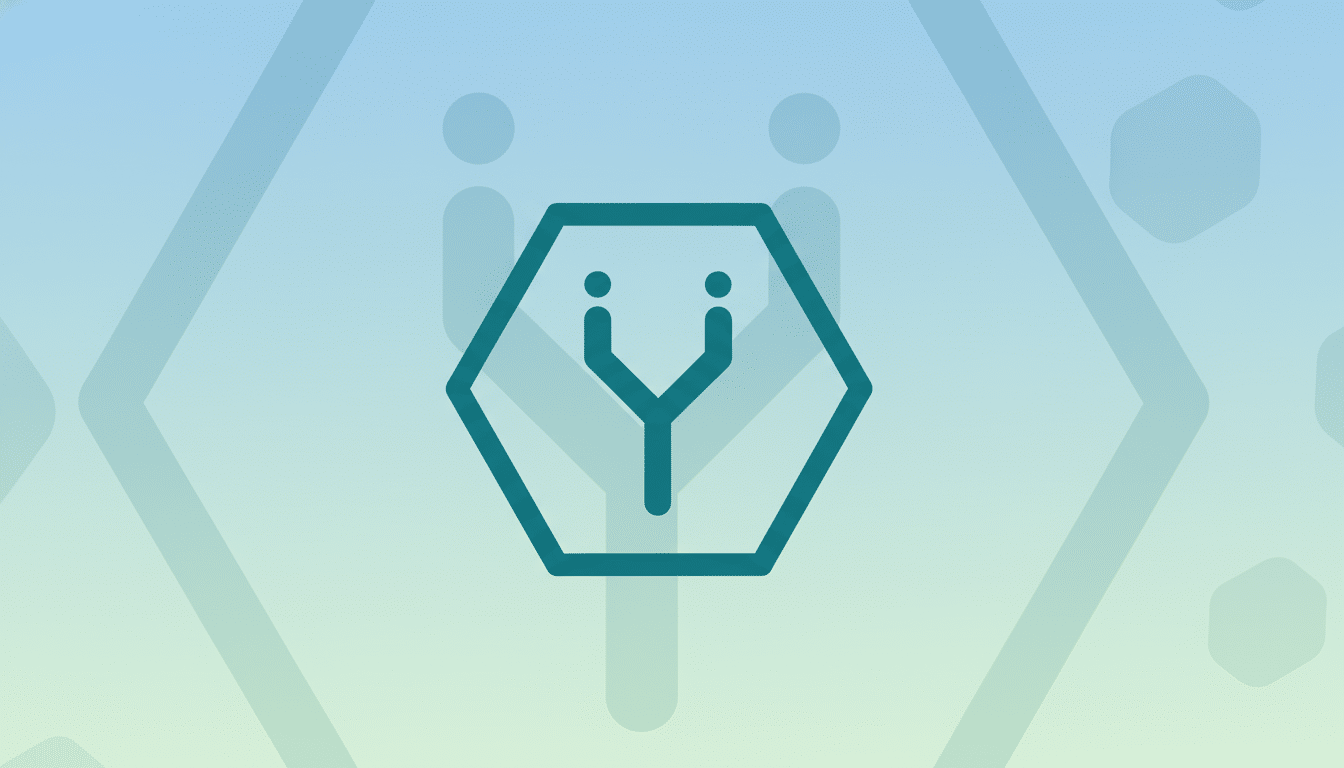 A teal hexagonal logo with a stylized Y shape inside, set against a professional flat design background with soft blue and green gradients and subtle geometric patterns.