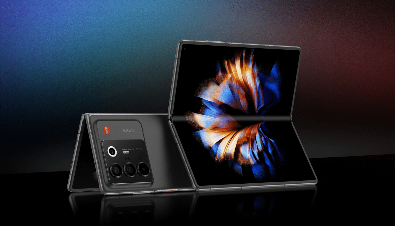 A black foldable smartphone with a vibrant, abstract floral image on its screen, presented in a 16:9 aspect ratio with a professional, subtly gradient background.