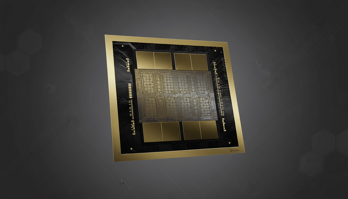 A professional, enhanced image of a gold and black NVIDIA GPU on a dark gray background with subtle hexagonal and circuit patterns, resized to a 16:9 aspect ratio.