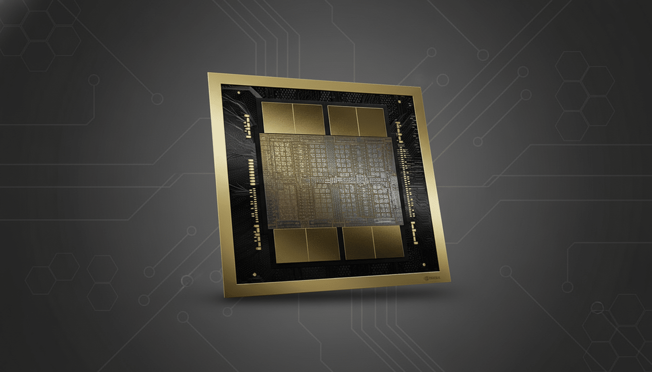 A professional, enhanced image of a gold and black NVIDIA GPU on a dark grey background with subtle circuit board patterns, resized to a 16:9 aspect ratio.