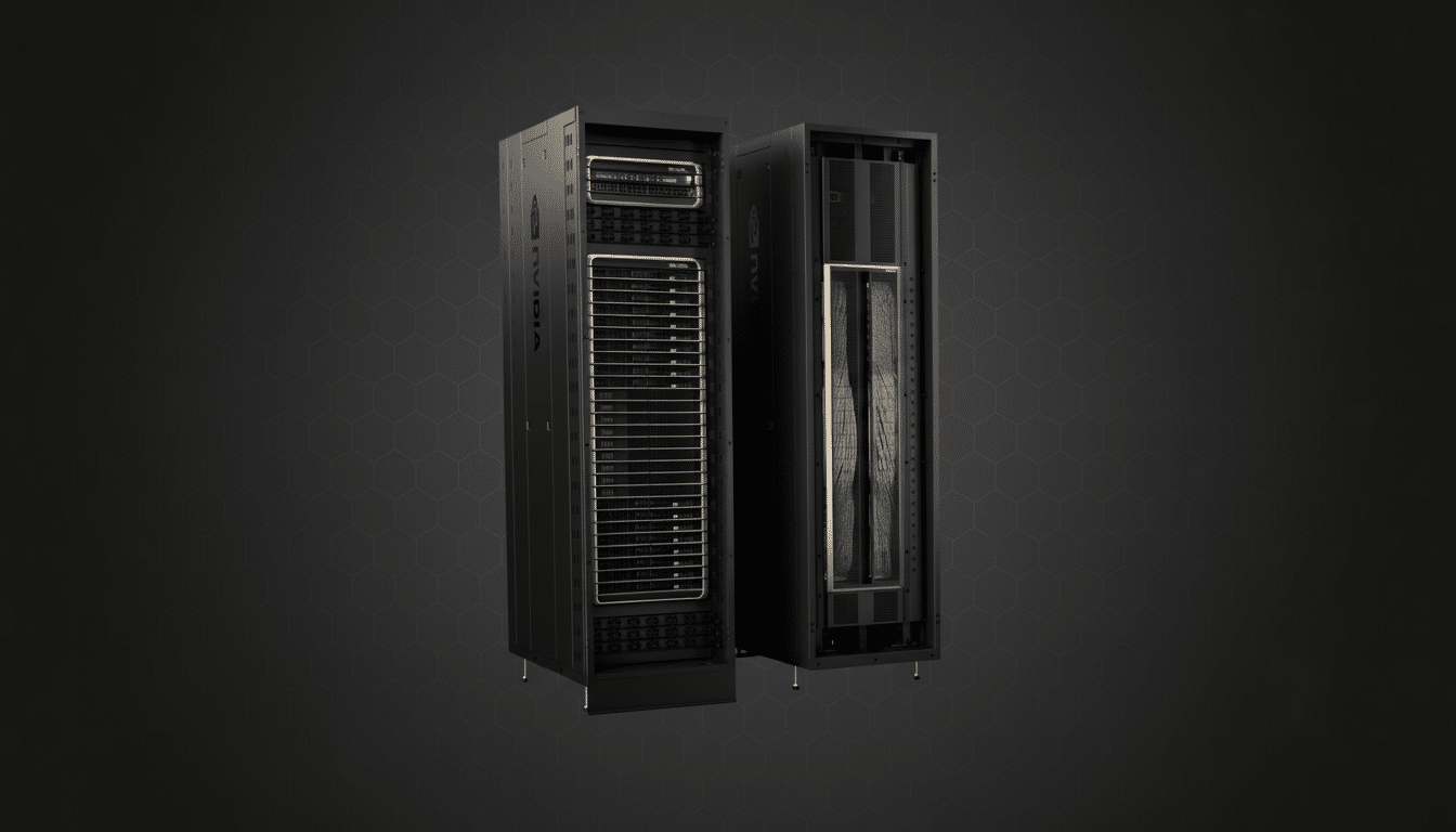 Two black server racks with gold accents, one with its front panel open, set against a dark gray background with a subtle hexagonal pattern.