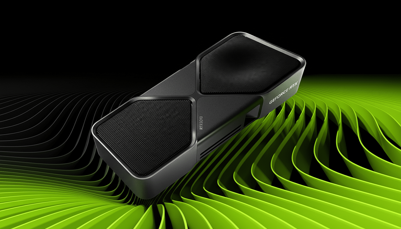 A black NVIDIA GeForce RTX 5070 graphics card is angled on a dynamic background of flowing green and black lines.