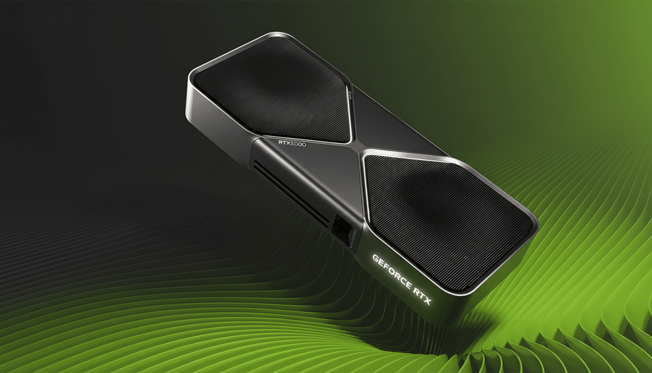 A sleek, dark gray NVIDIA RTX 5090 graphics card is angled on a black and vibrant green wavy background.
