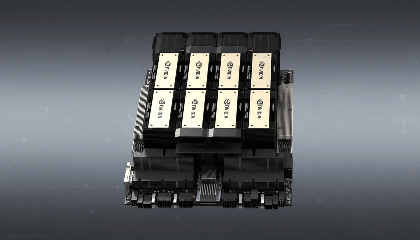 A professional, enhanced image of an NVIDIA GPU server rack, presented in a 16:9 aspect ratio with a clean, soft gray patterned background.