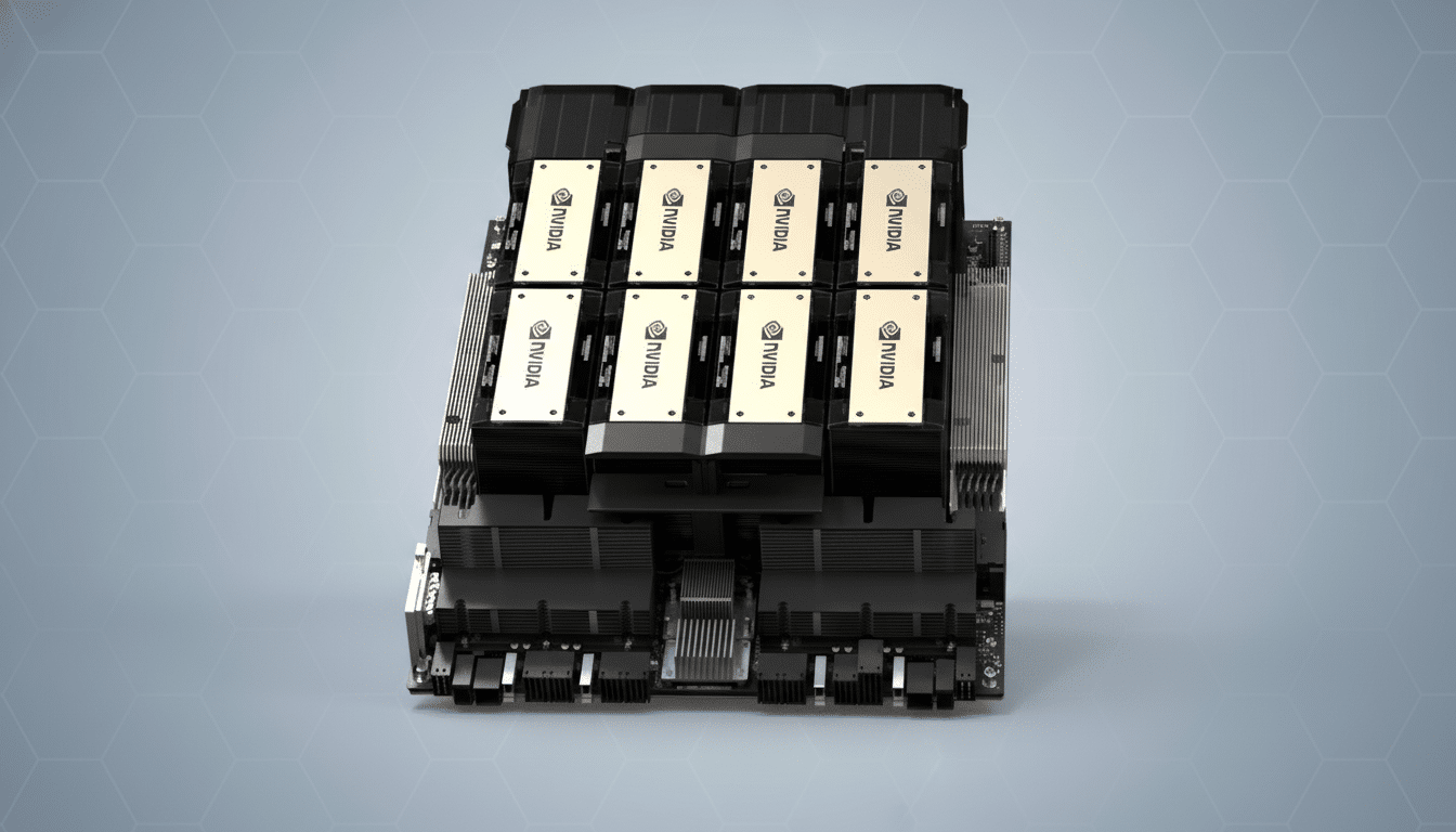 A professional, enhanced image of an NVIDIA GPU server rack, presented on a soft gray background with subtle hexagonal patterns, maintaining the original products integrity.