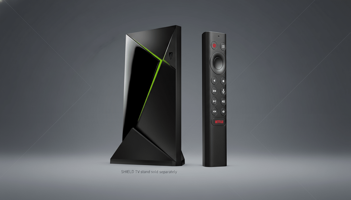 A black NVIDIA Shield TV device with a glowing green accent and its accompanying black remote control, presented on a professional gray background.