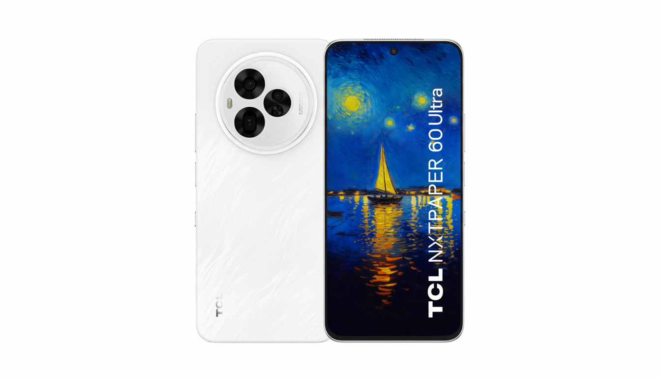 A white TCL NXT PAPER 60 Ultra smartphone, shown from the front and back, against a white background. The front screen displays a painting of a sailboat on water under a starry night sky.