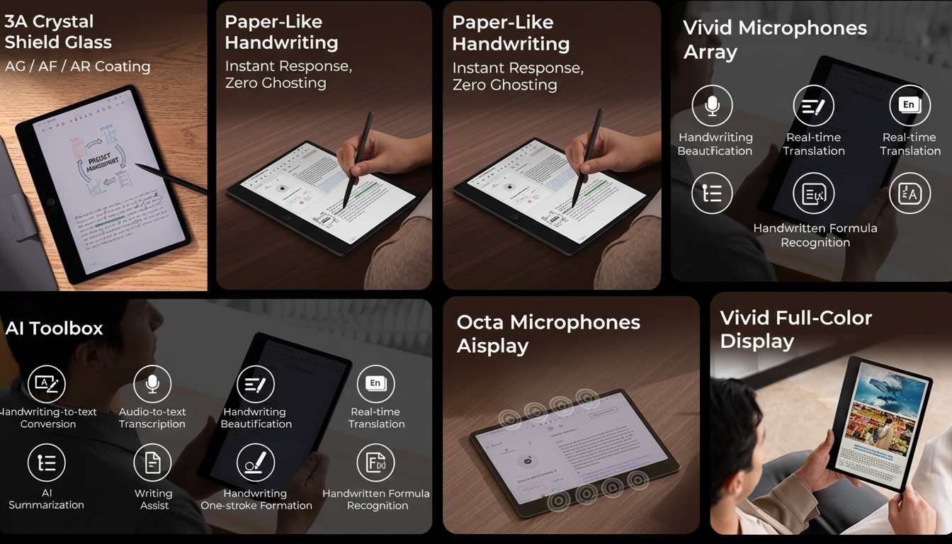 A professionally enhanced image showcasing various features of a tablet, including its crystal shield glass, paper-like handwriting experience, AI toolbox, octa microphones array, and vivid full-color display.