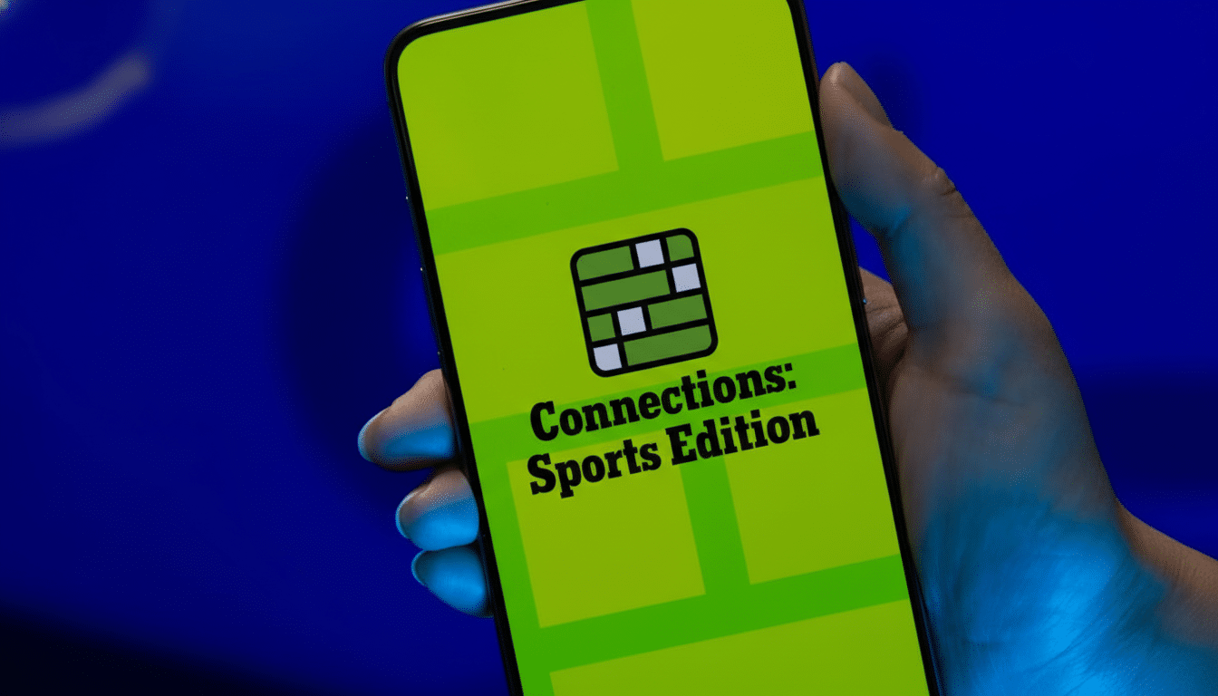A hand holding a smartphone displaying the Connections: Sports Edition app on a bright green screen with a dark blue background.