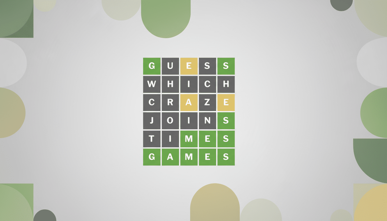 A 16:9 aspect ratio image of a Wordle-like puzzle with the words GUESS WHICH CRAZE JOINS TIMES GAMES on a professional flat design background with soft patterns and gradients.