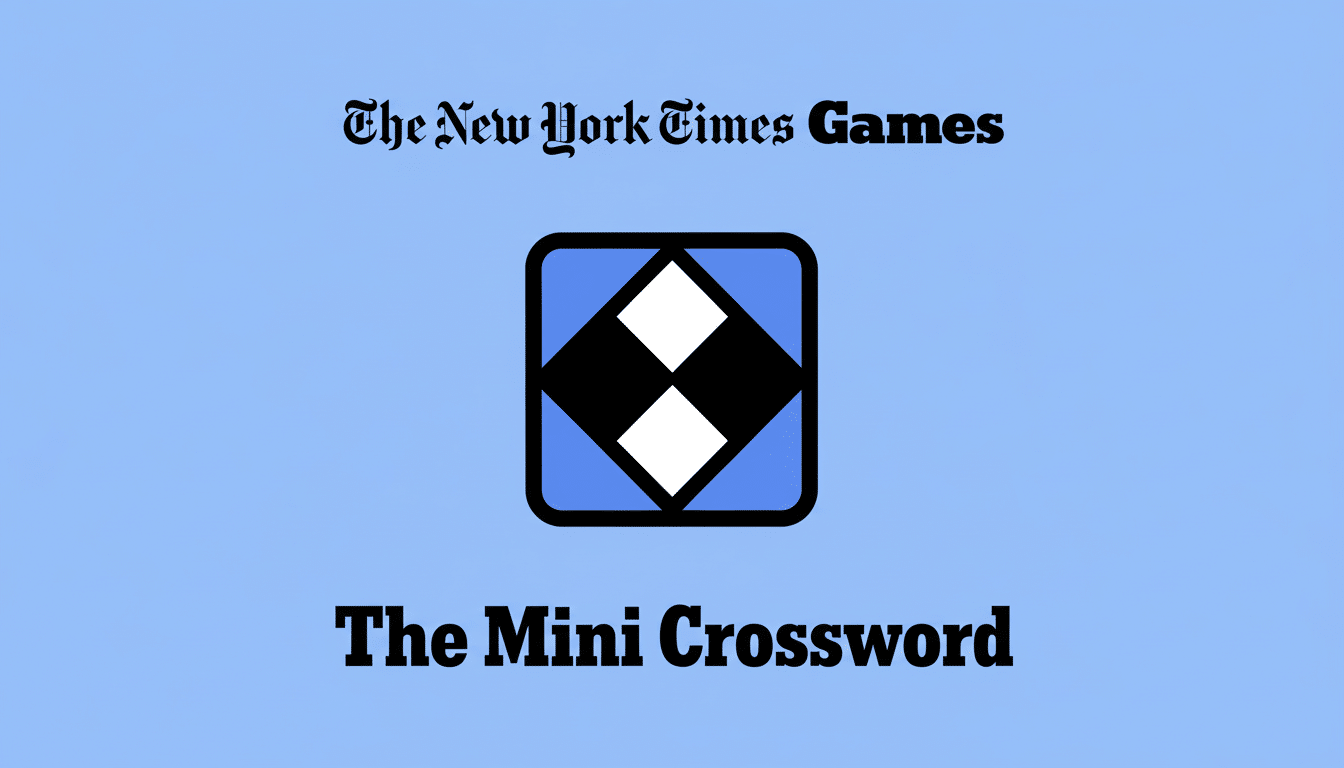 The New York Times Games logo for The Mini Crossword, featuring a blue background with a central icon of a black square containing a smaller blue square, which in turn contains a black and white diamond pattern.