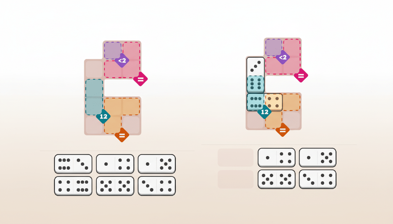 A 16:9 aspect ratio image showing two domino game layouts side-by-side. The left layout displays a C shaped arrangement of transparent, colored squares with numbers and symbols, and below it, six domino tiles. The right layout shows a similar C shape, but with dice and domino tiles filling some of the squares, and below it, four domino tiles and two blank spaces. The background is a soft, light gradient.