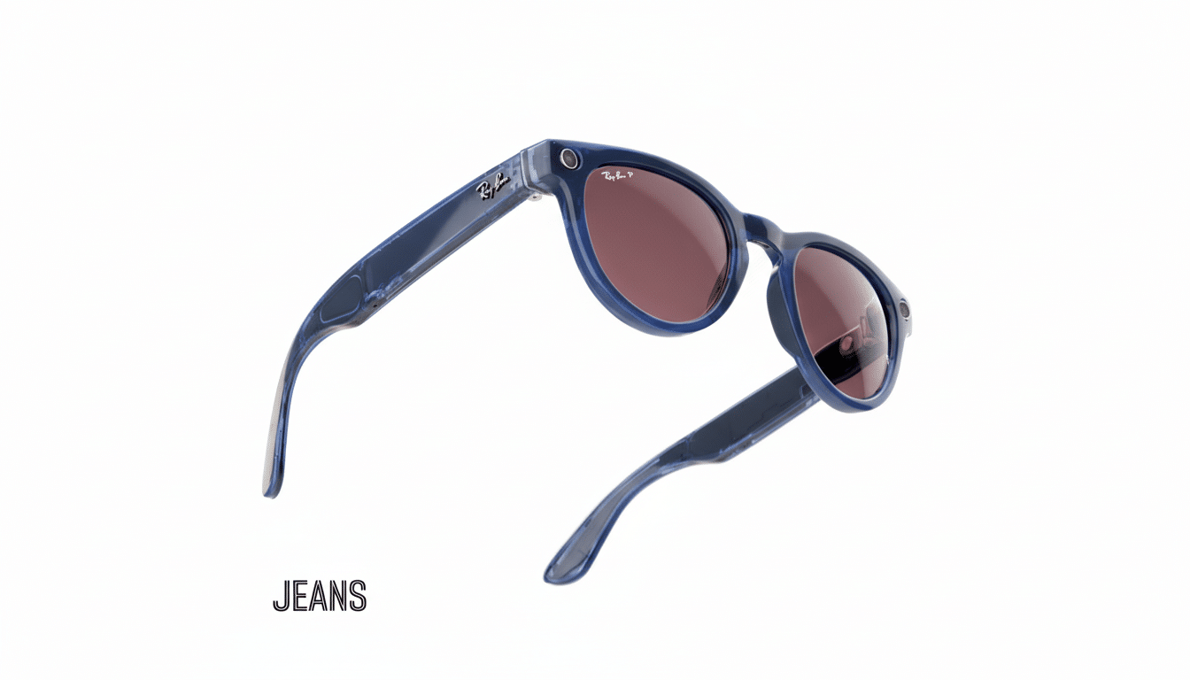 A pair of blue Ray-Ban smart glasses with dark lenses, angled on a white background.