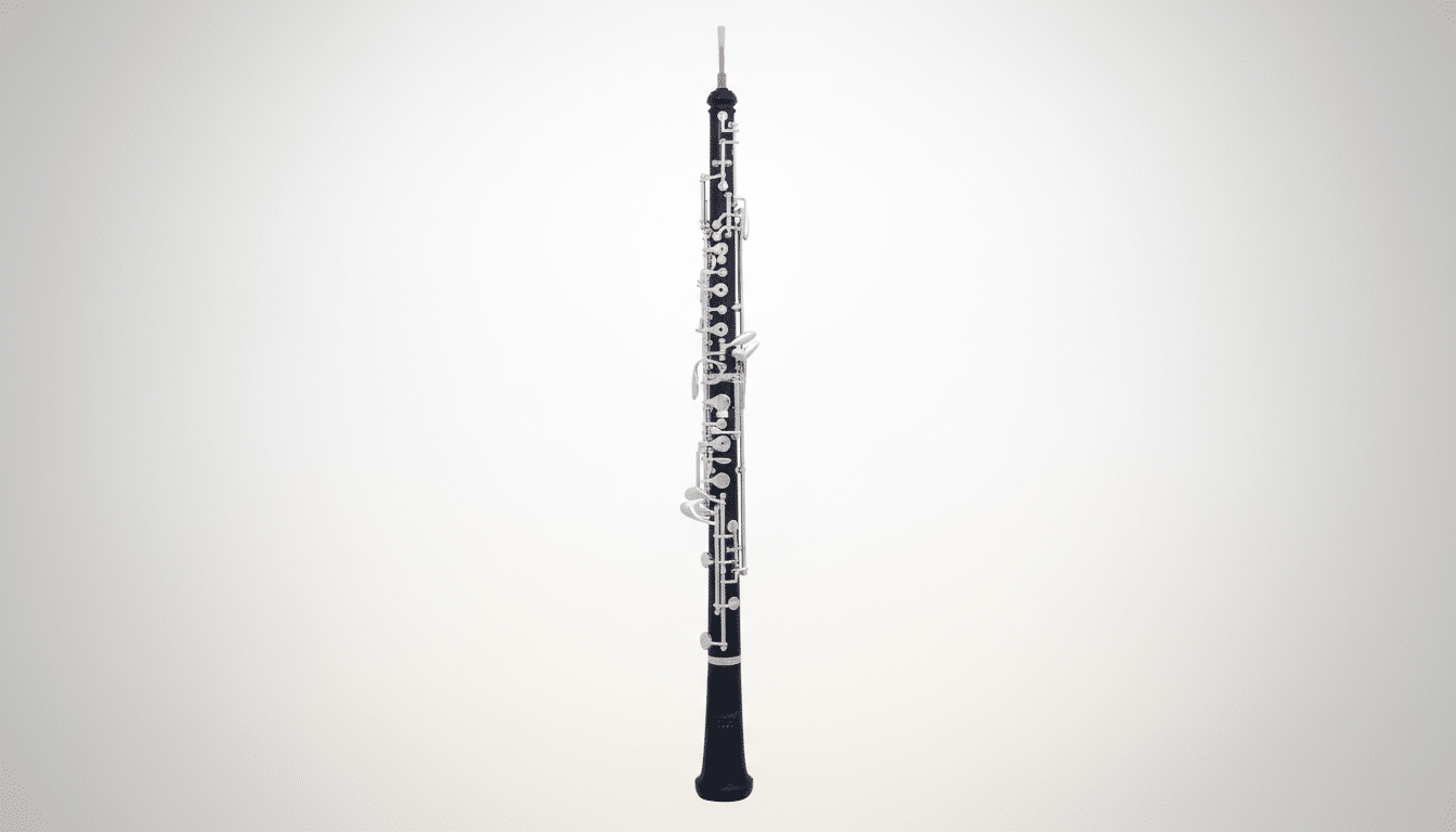 A black oboe with silver keys stands upright against a professional flat design background with a soft gradient.