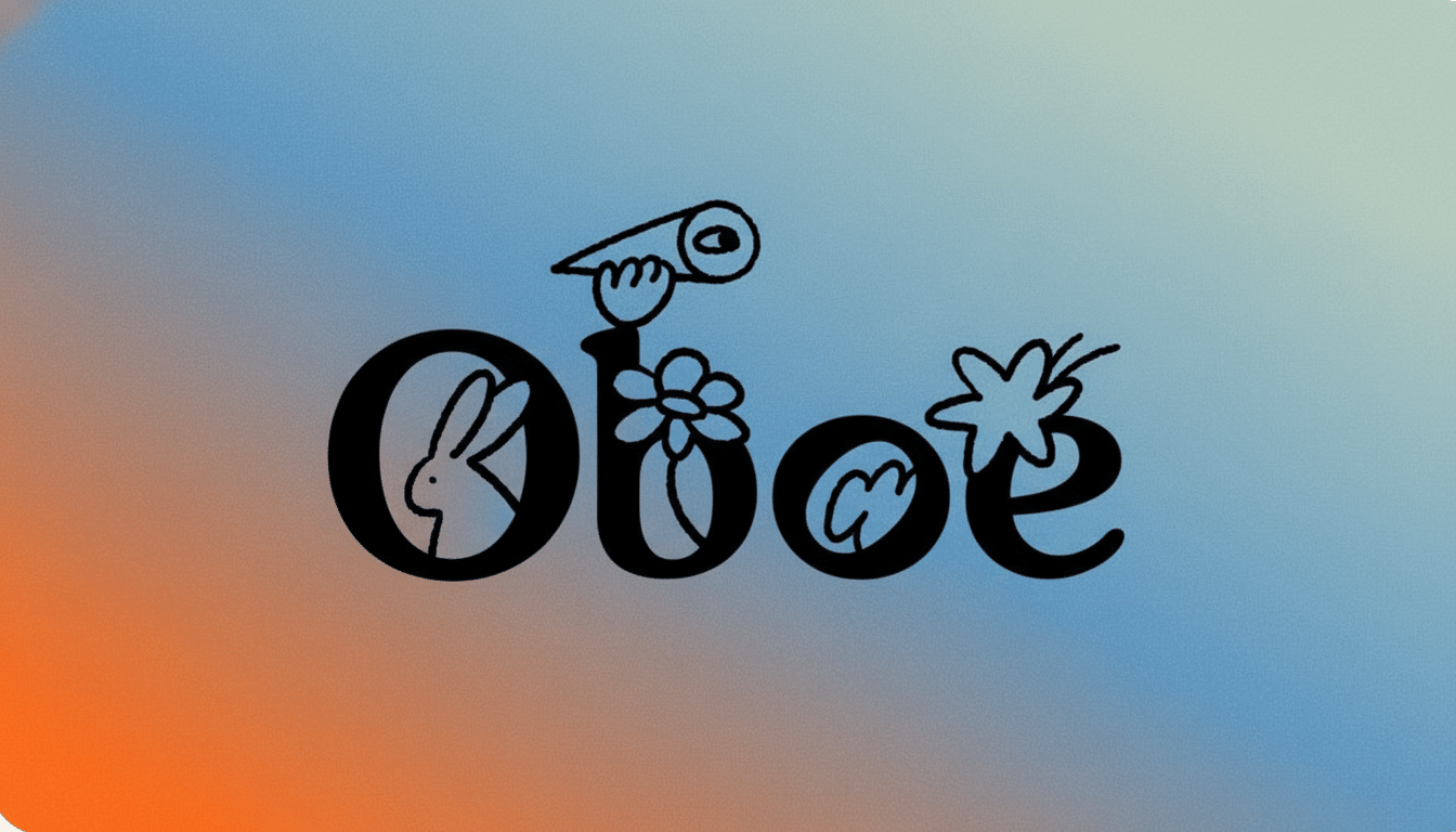 The word Oboe is stylized with a rabbit in the O, a flower in the first o, a person holding a telescope above the b, and a leaf in the second o, all against a blue and orange gradient background.