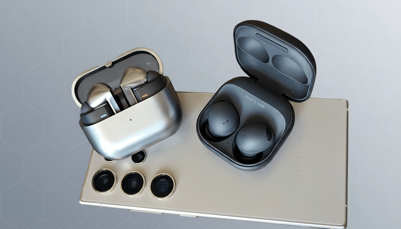 Two pairs of wireless earbuds, one silver and one black, resting on a silver smartphone, presented on a professional gray background with a subtle hexagonal pattern.