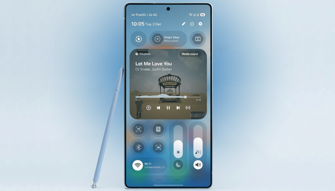 A smartphone displaying a music player interface with a song by DJ Snake and Justin Bieber, alongside a stylus resting next to it. The background is a professional flat design with soft blue gradients.