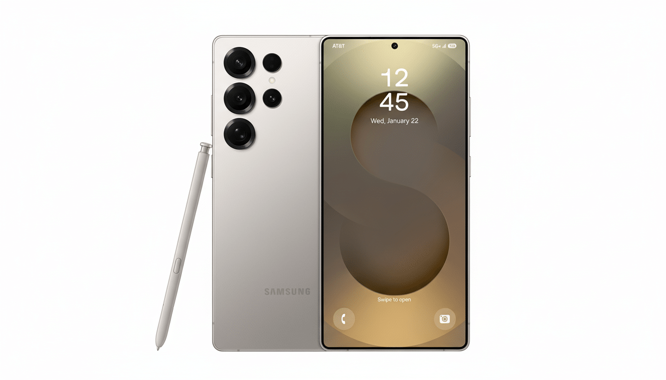 A Samsung Galaxy S23 Ultra in a light beige color, with its S Pen stylus, presented on a clean white background. The phones screen displays the time 12:45 and the date Wednesday, January 22.