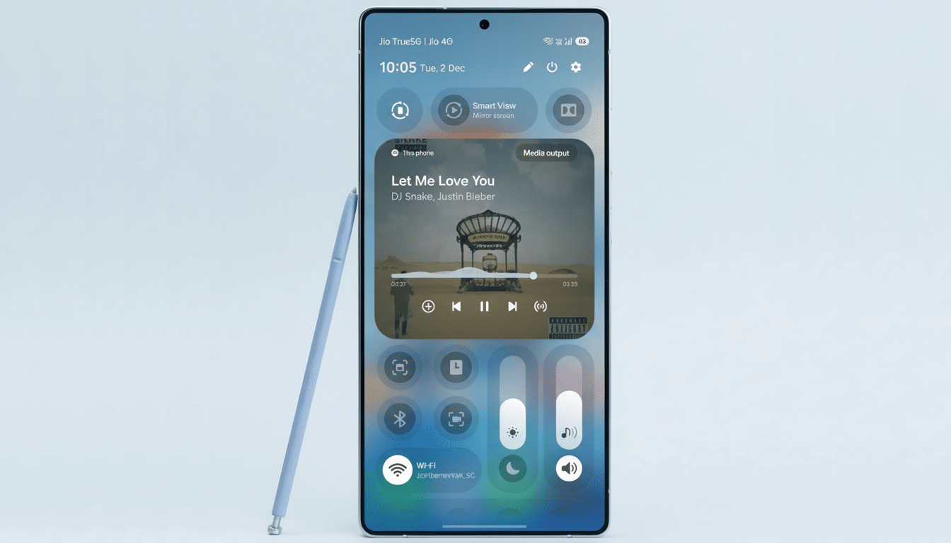 A smartphone displaying a music player interface with a song by DJ Snake and Justin Bieber, next to a stylus, set against a light background.