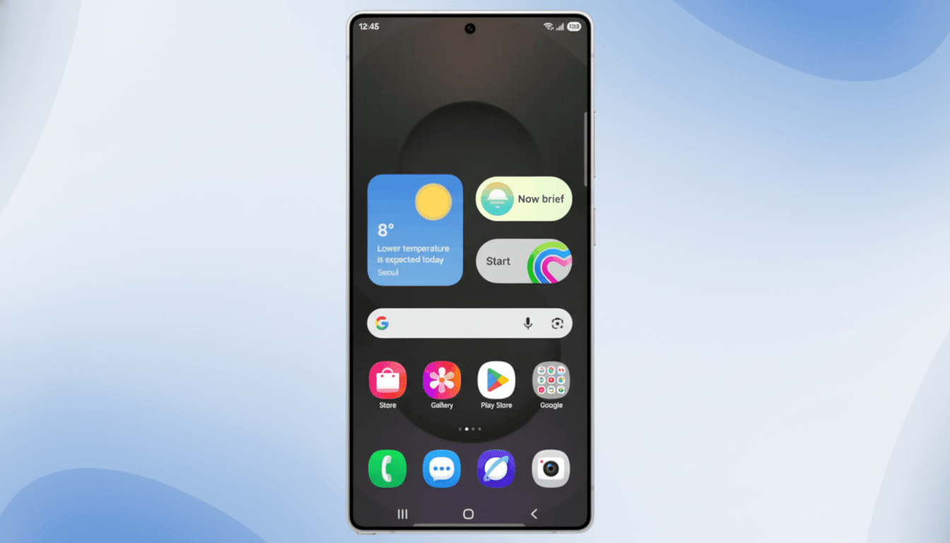 A smartphone displaying its home screen with various app icons and widgets, set against a professional flat design background with soft blue and white gradients.