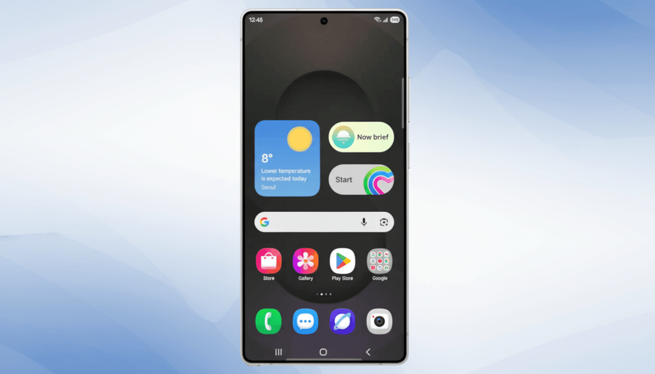 A smartphone displaying its home screen with various app icons and widgets, set against a professional blue gradient background.