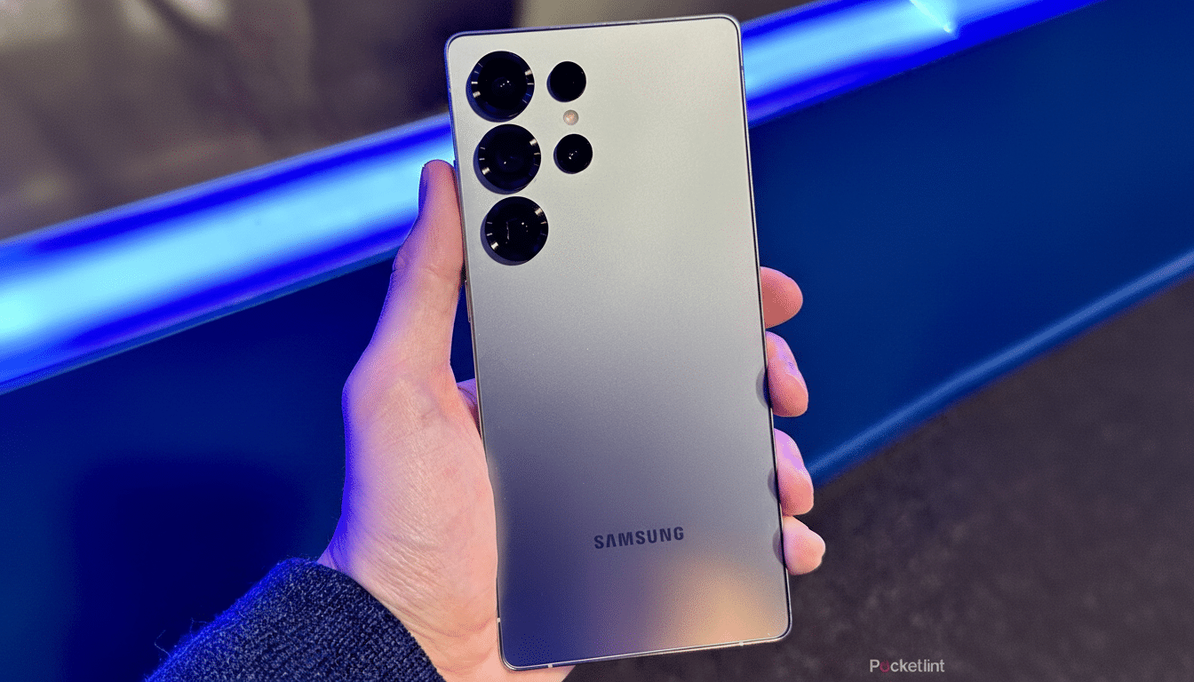 A hand holding a silver Samsung smartphone with multiple camera lenses on the back, set against a blurred background with a prominent blue light.