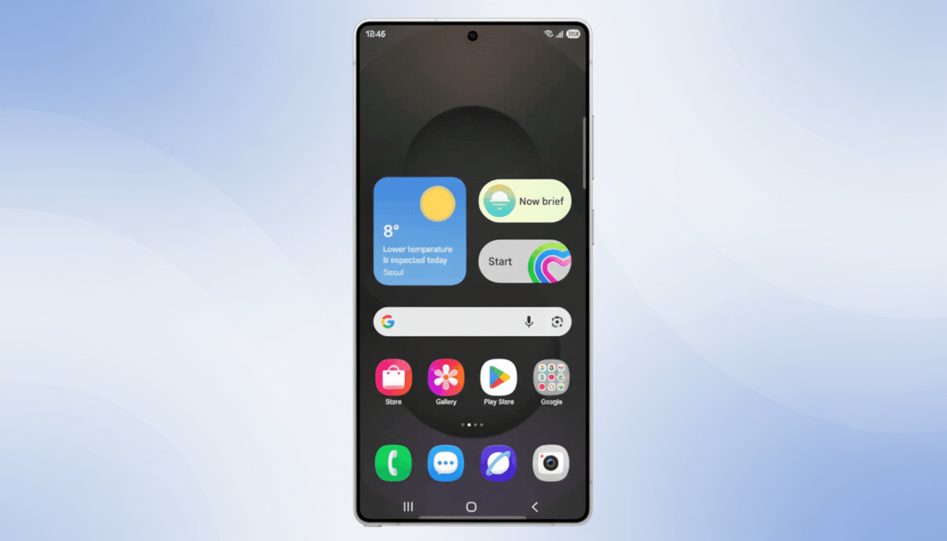 A smartphone displaying its home screen with various app icons and widgets, set against a professional flat design background with soft blue gradients and subtle patterns.