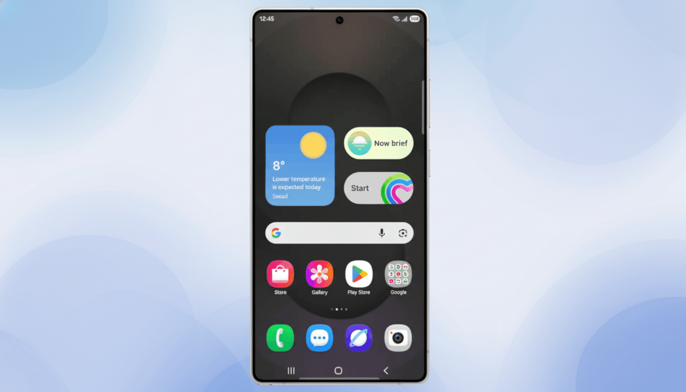 A smartphone displaying its home screen with various app icons and widgets, set against a professional flat design background with soft blue and white gradients.