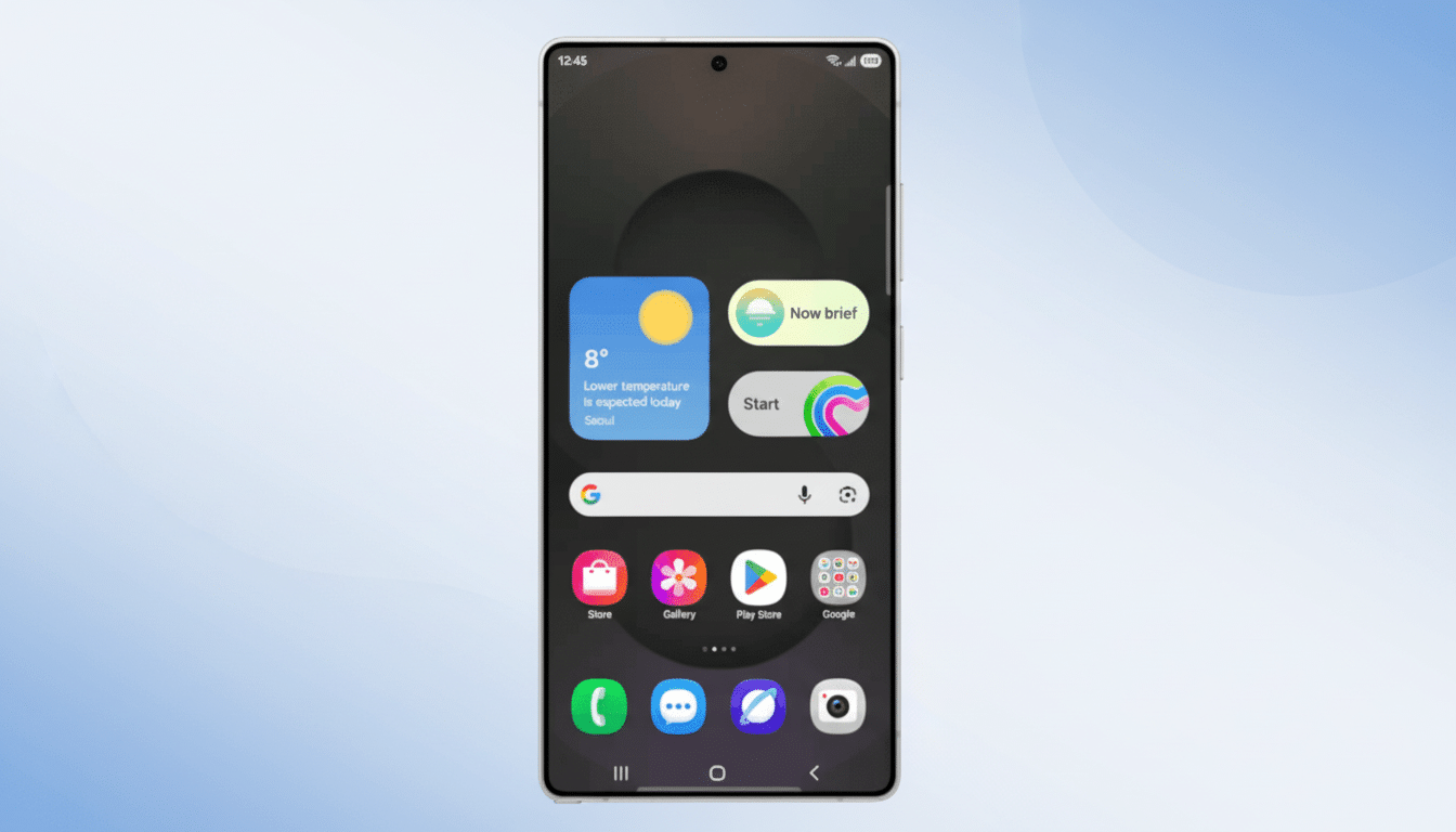 A smartphone displaying its home screen with various app icons and widgets, set against a professional flat design background with soft blue and white gradients.