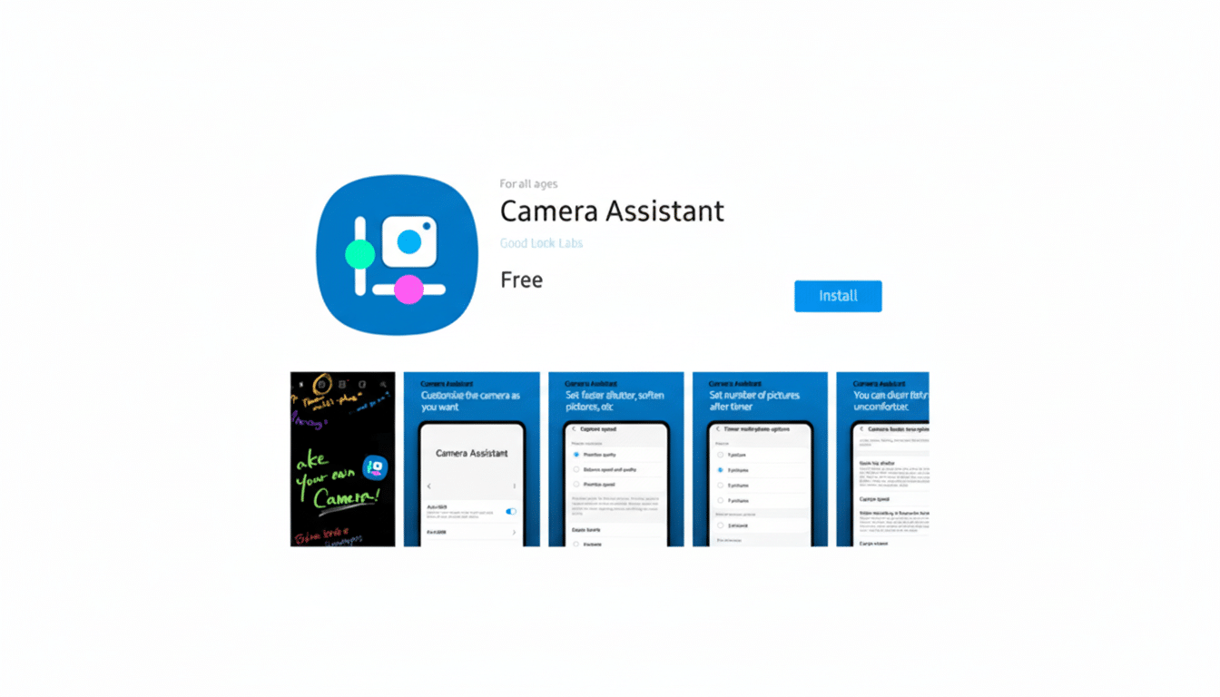 A 16:9 aspect ratio image of the Camera Assistant app page, featuring the app icon, title, Install button, and several screenshots of the apps features.