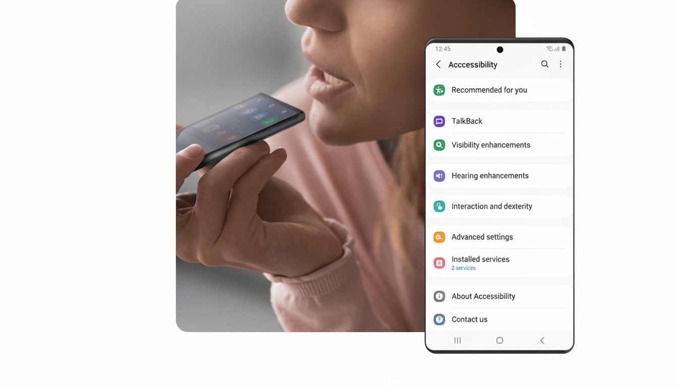 A woman speaking into a smartphone, with a close-up of the phones accessibility settings menu displayed on the right.