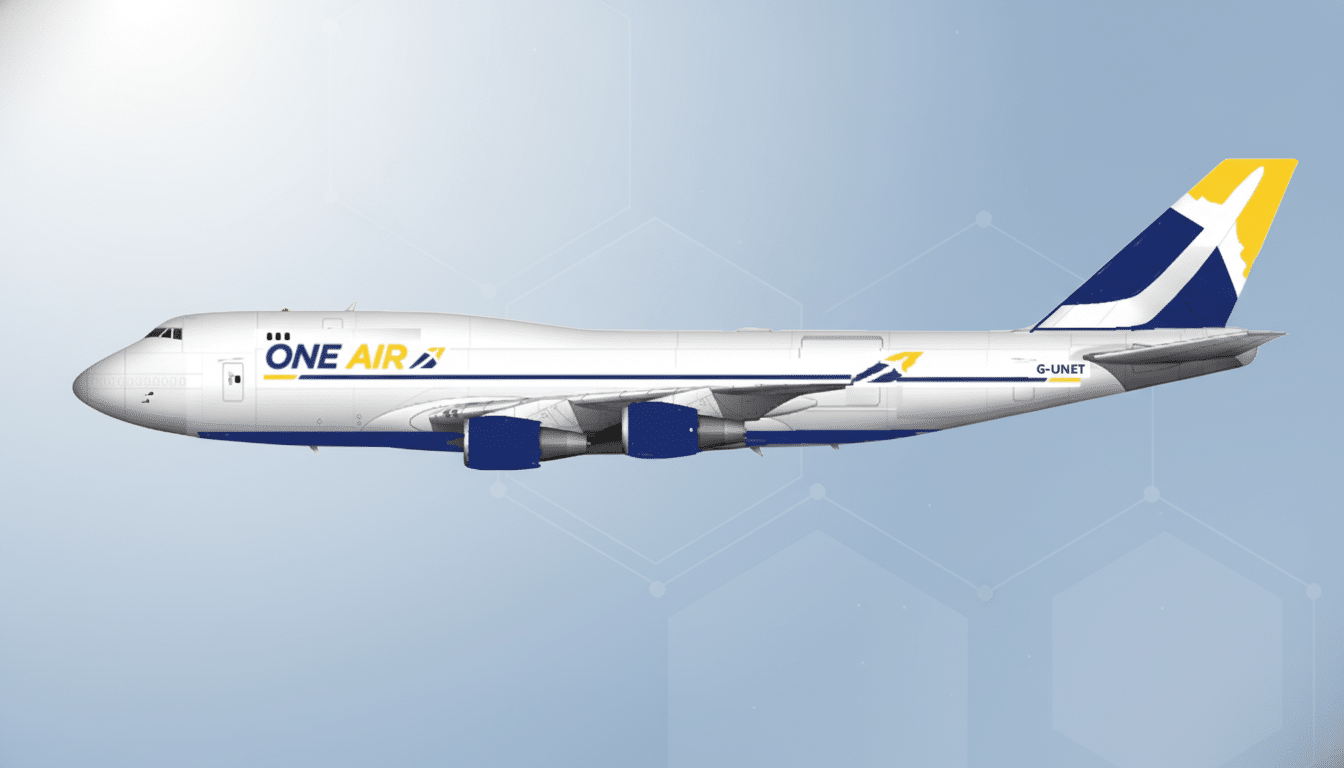 A white cargo airplane with ONE AIR written on its side and blue and yellow accents on the tail, set against a professional light blue background with subtle hexagonal patterns.