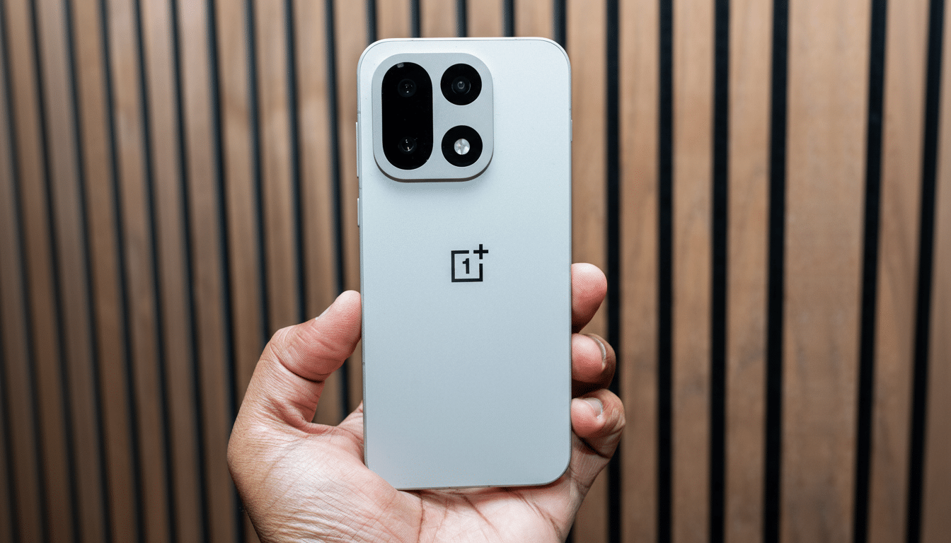 A hand holding a light gray smartphone with a prominent camera module and the OnePlus logo, set against a blurred background of vertical wooden slats.