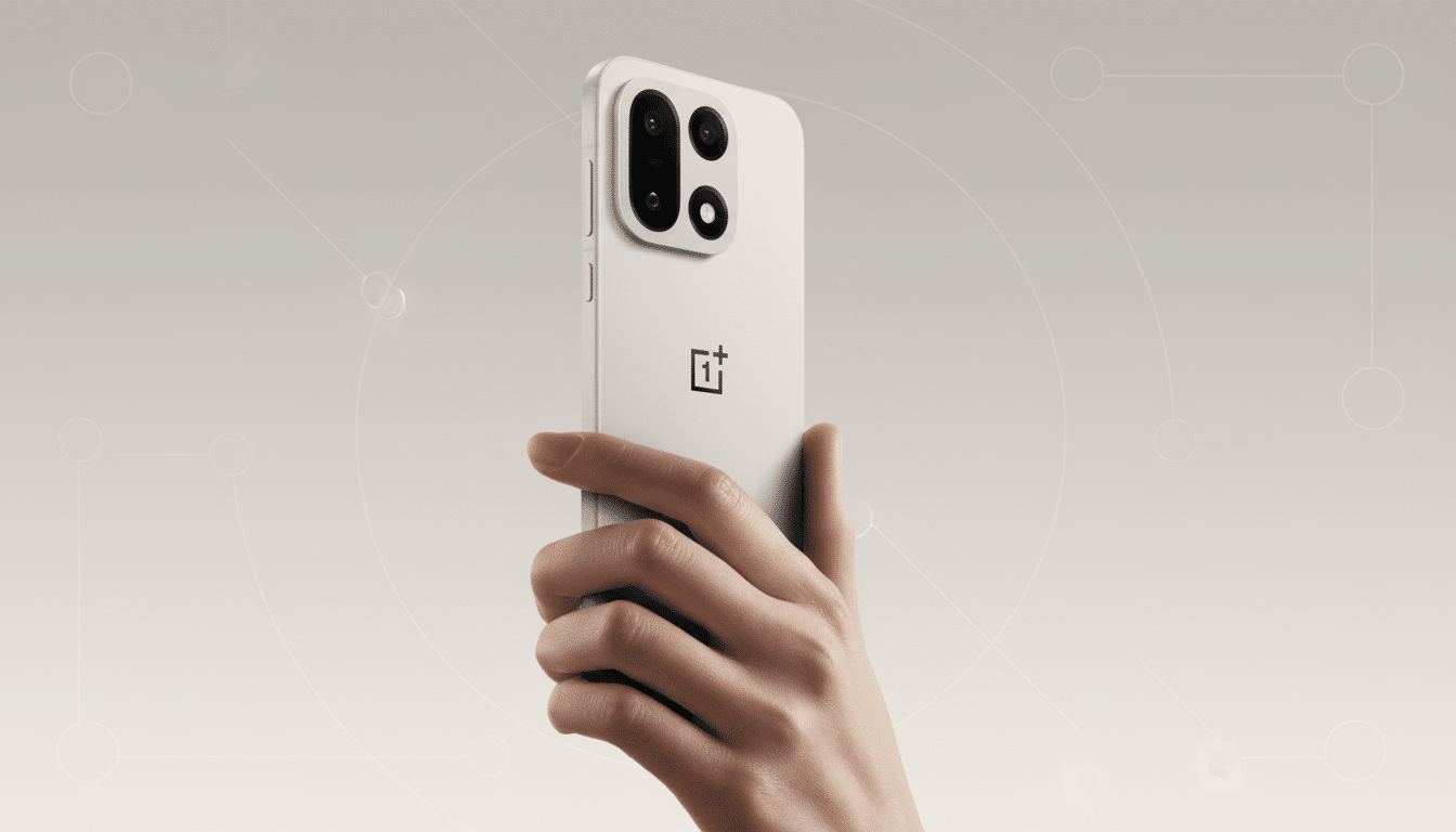 A hand holding a light-colored smartphone with a prominent camera module and the OnePlus logo on the back, presented against a professional flat design background with soft patterns and gradients.