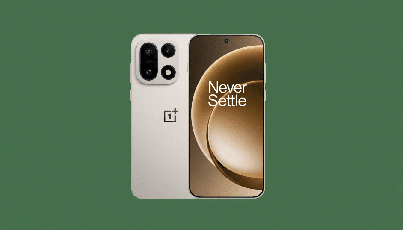 A beige smartphone with a black camera module and a screen displaying Never Settle on a brown and black abstract background, presented on a solid dark green background.