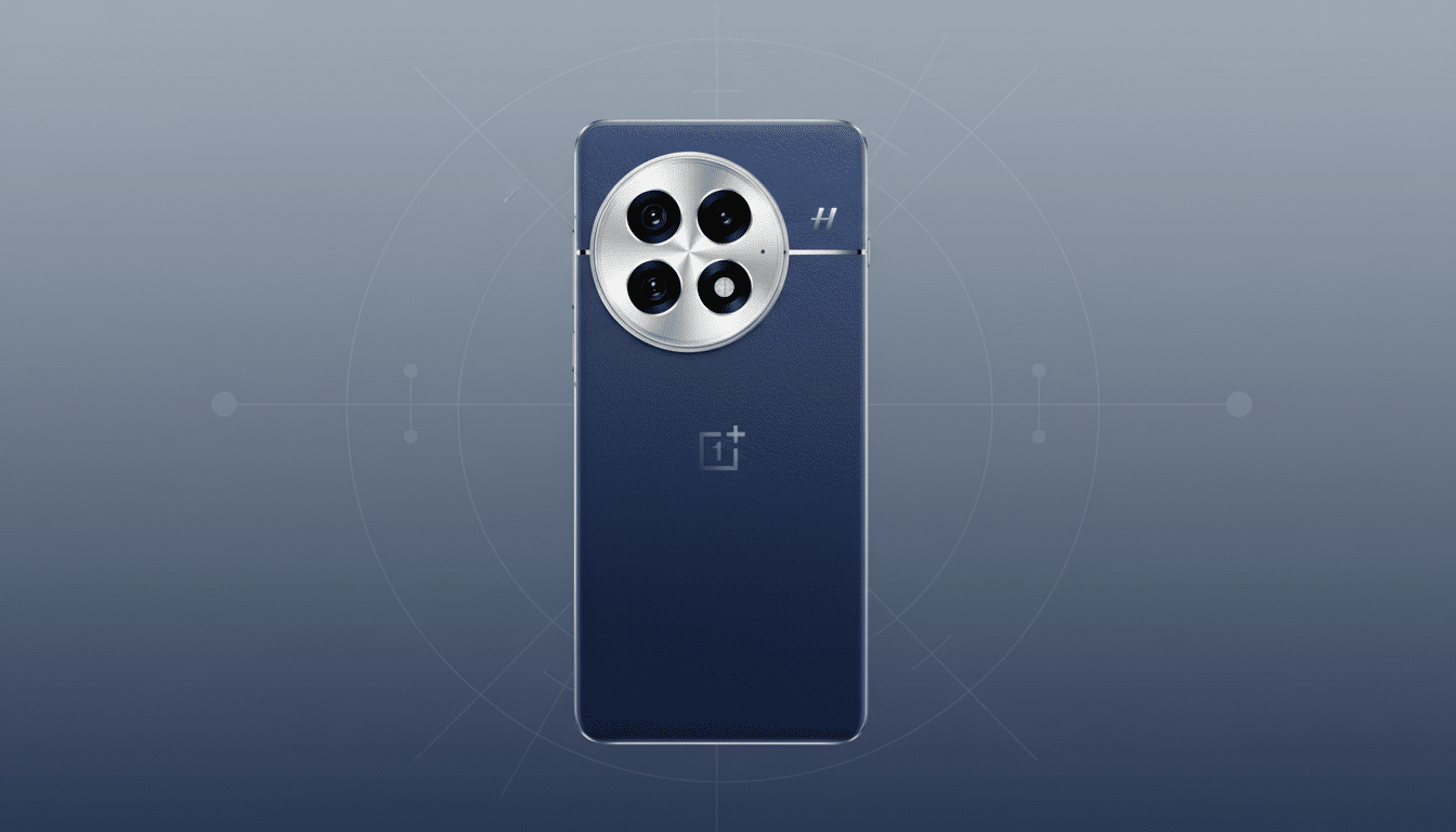 A blue smartphone with a large circular camera module featuring four lenses, centered on a professional flat design background with subtle geometric patterns and a soft blue-grey gradient.