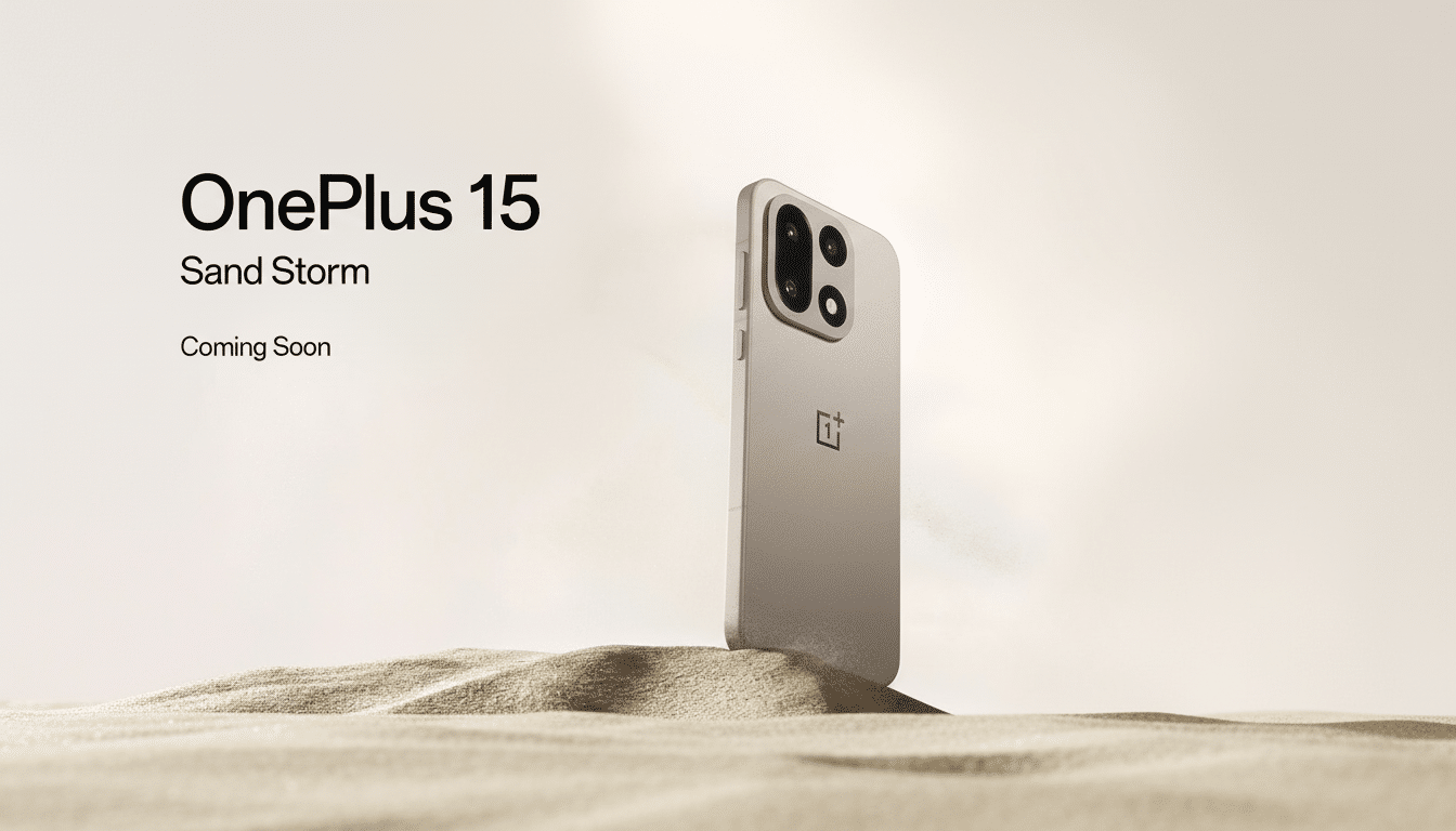 A OnePlus 15 Sand Storm phone standing upright on a sand dune, with OnePlus 15 Sand Storm Coming Soon text on the left.