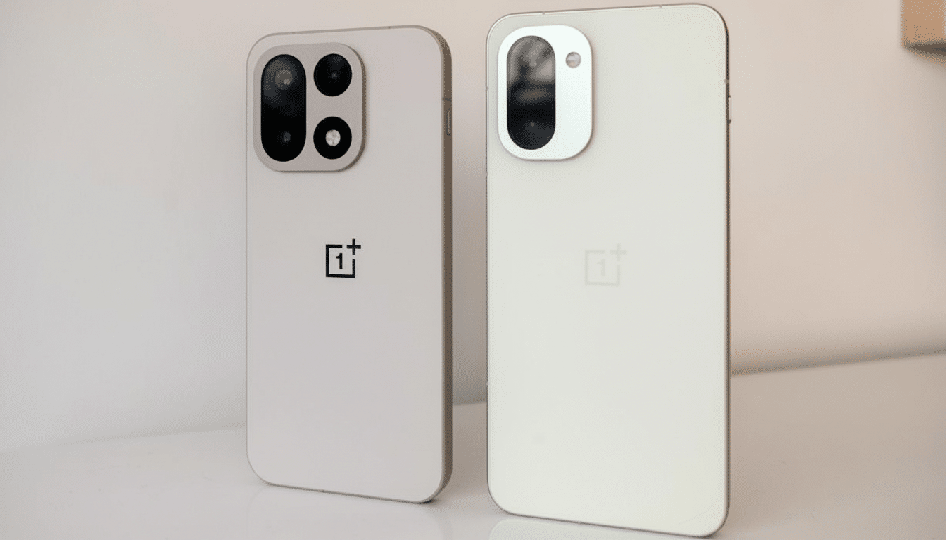Two OnePlus phones, one light gray and one off-white, are shown from the back, displaying their camera modules and the OnePlus logo.