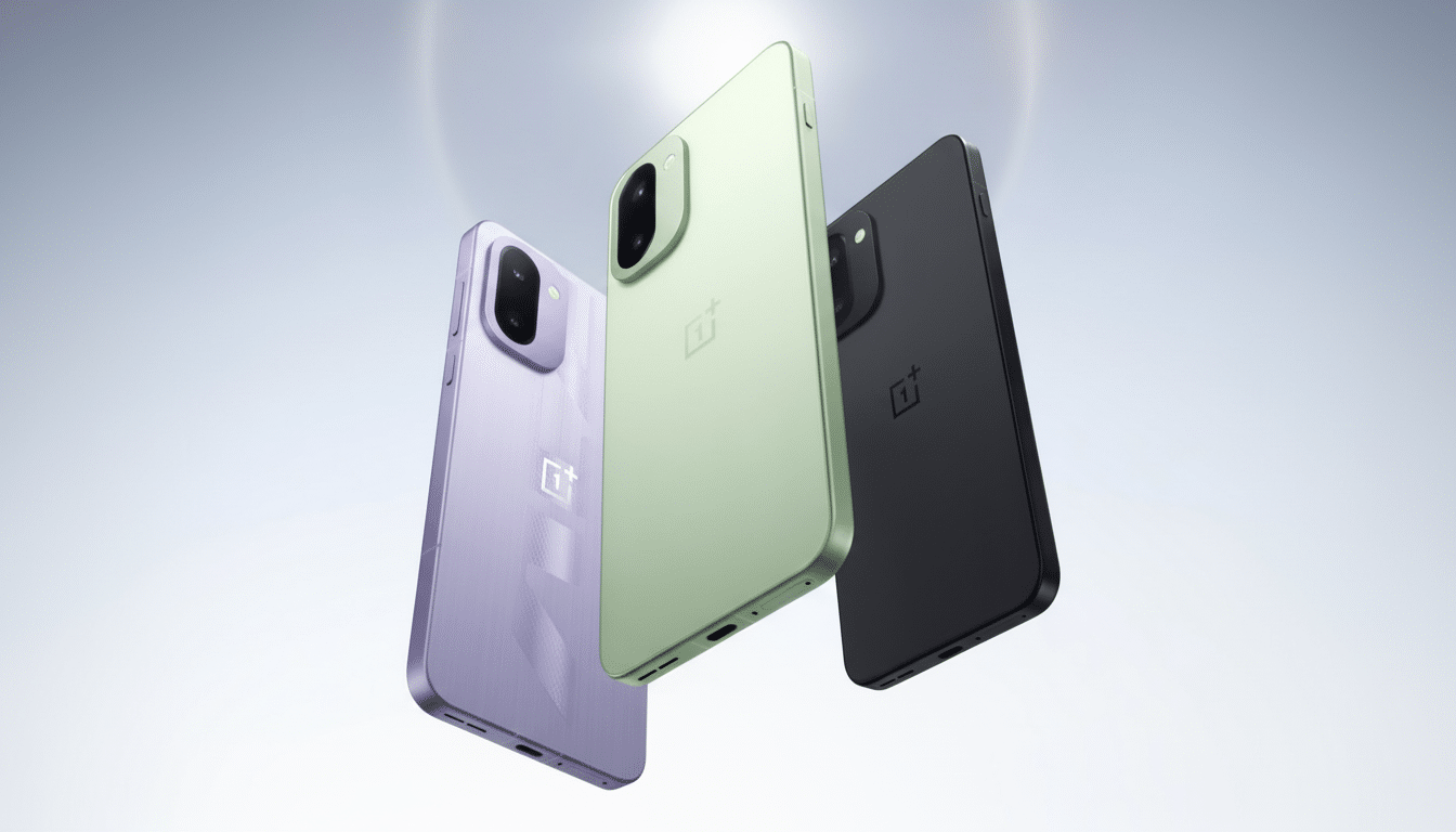 Three OnePlus smartphones in purple, green, and black, presented at an angle against a light, professional background.