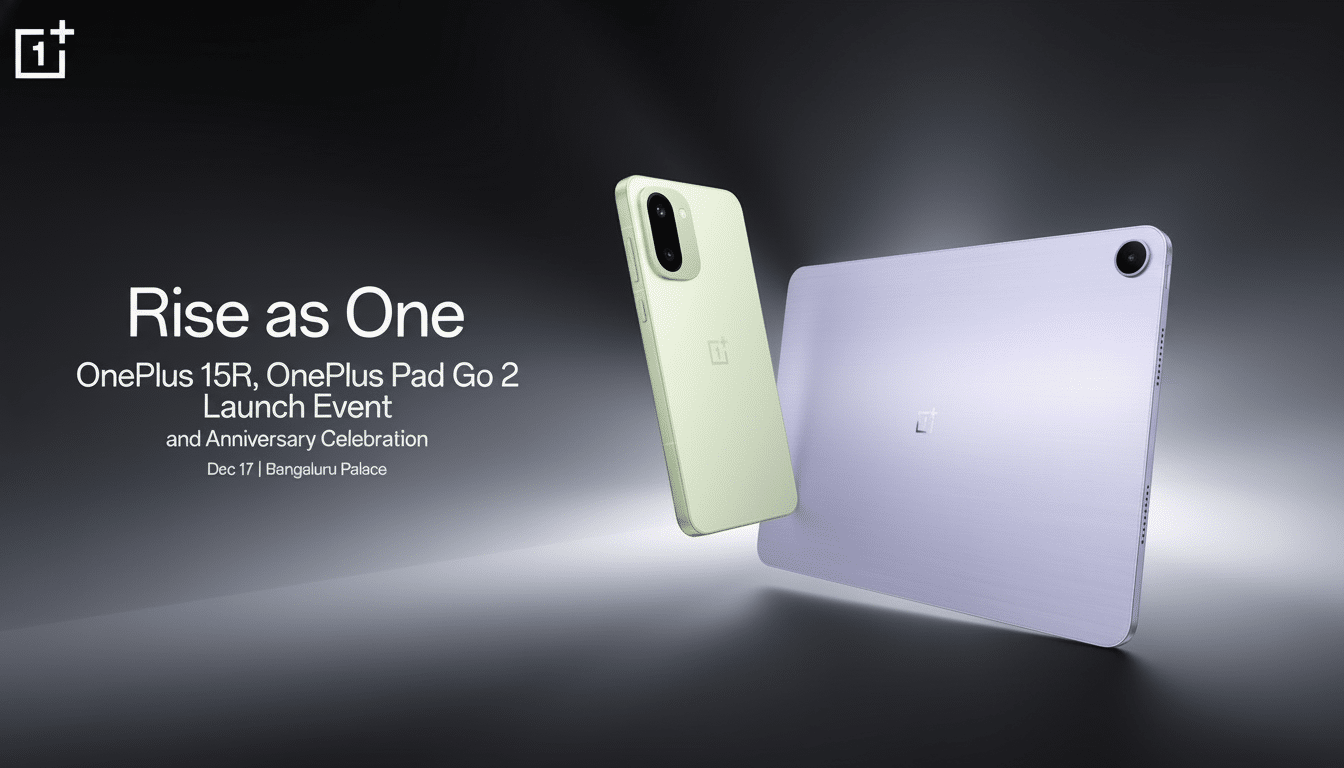 A promotional image for the OnePlus 15R and OnePlus Pad Go 2 launch event, featuring a light green smartphone and a lavender tablet floating against a dark gray background with a subtle light gradient. The text Rise as One and details about the launch event are displayed on the left.